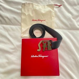 Salvatore ferragamo belt double sided black/dark brown belt length is 46 inches.